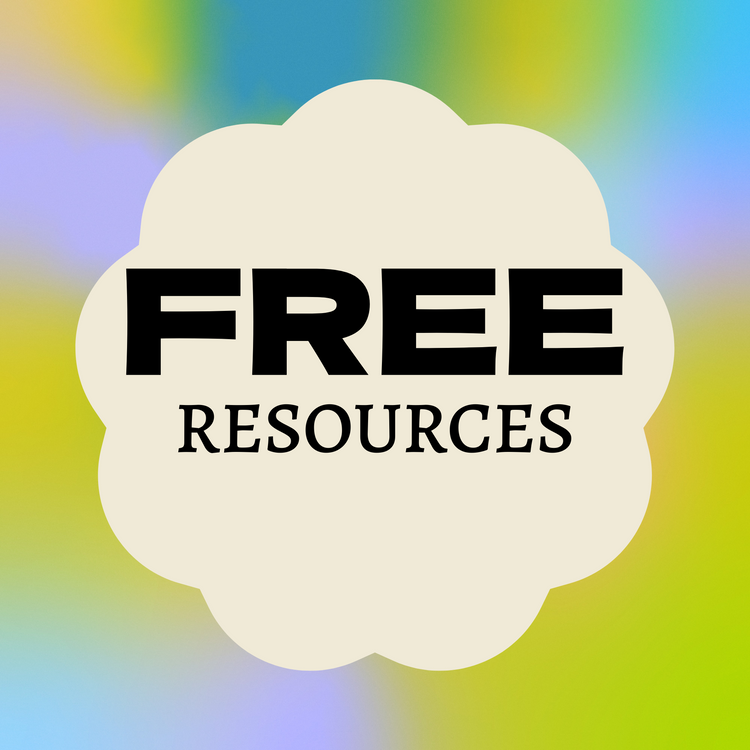A graphic with a scalloped beige shape in the center featuring the bold black words “FREE RESOURCES” on a bright, multicolored background.