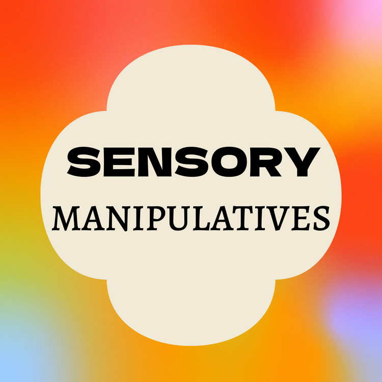A graphic with a beige, rounded flower-shaped frame in the centre containing the black words “SENSORY MANIPULATIVES” on a red and orange gradient background.