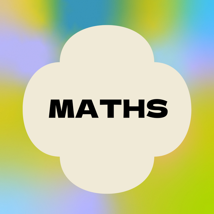 A colourful background of blurred blue, yellow, and green shades with a cream clover-shaped overlay in the centre. Bold black text inside reads ‘MATHS’