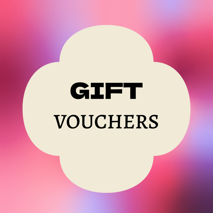 A graphic with a beige, rounded flower-shaped frame in the center containing the black words “GIFT VOUCHERS” on a pink and purple gradient background.