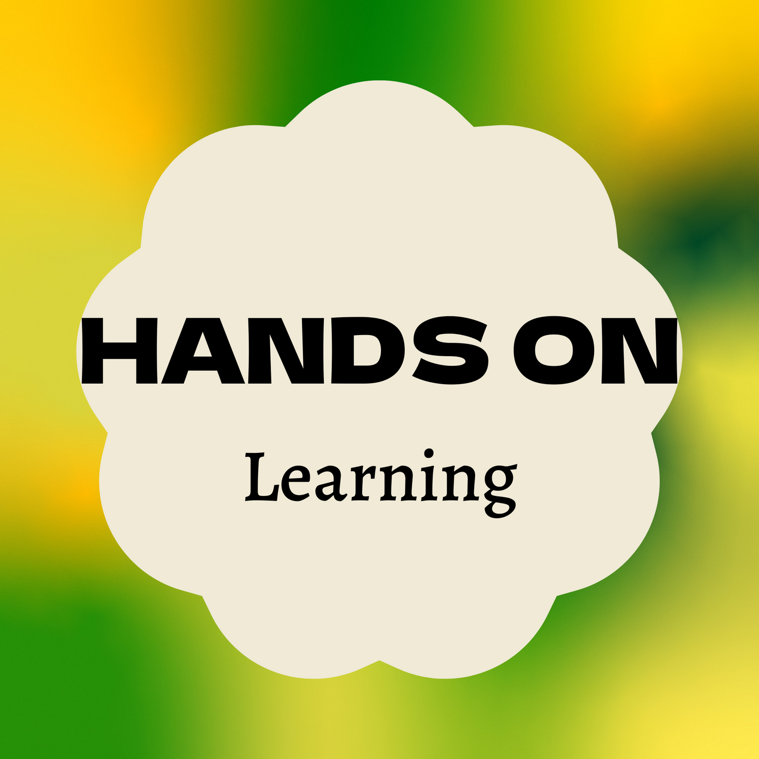 A graphic with a scalloped beige shape in the centre featuring the bold black words “HANDS ON LEARNING” on a bright, multicoloured background.