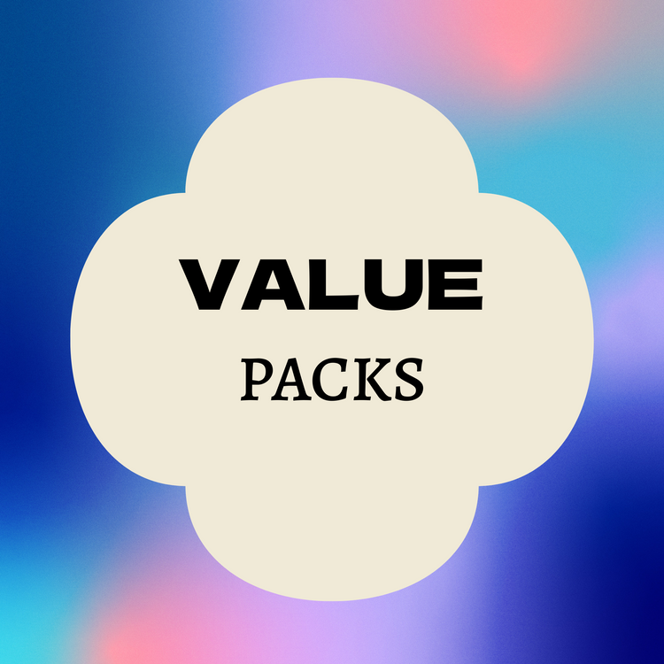 A graphic with a beige, rounded flower-shaped frame in the centre containing the black words “VALUE PACKS” on a blue and purple gradient background.