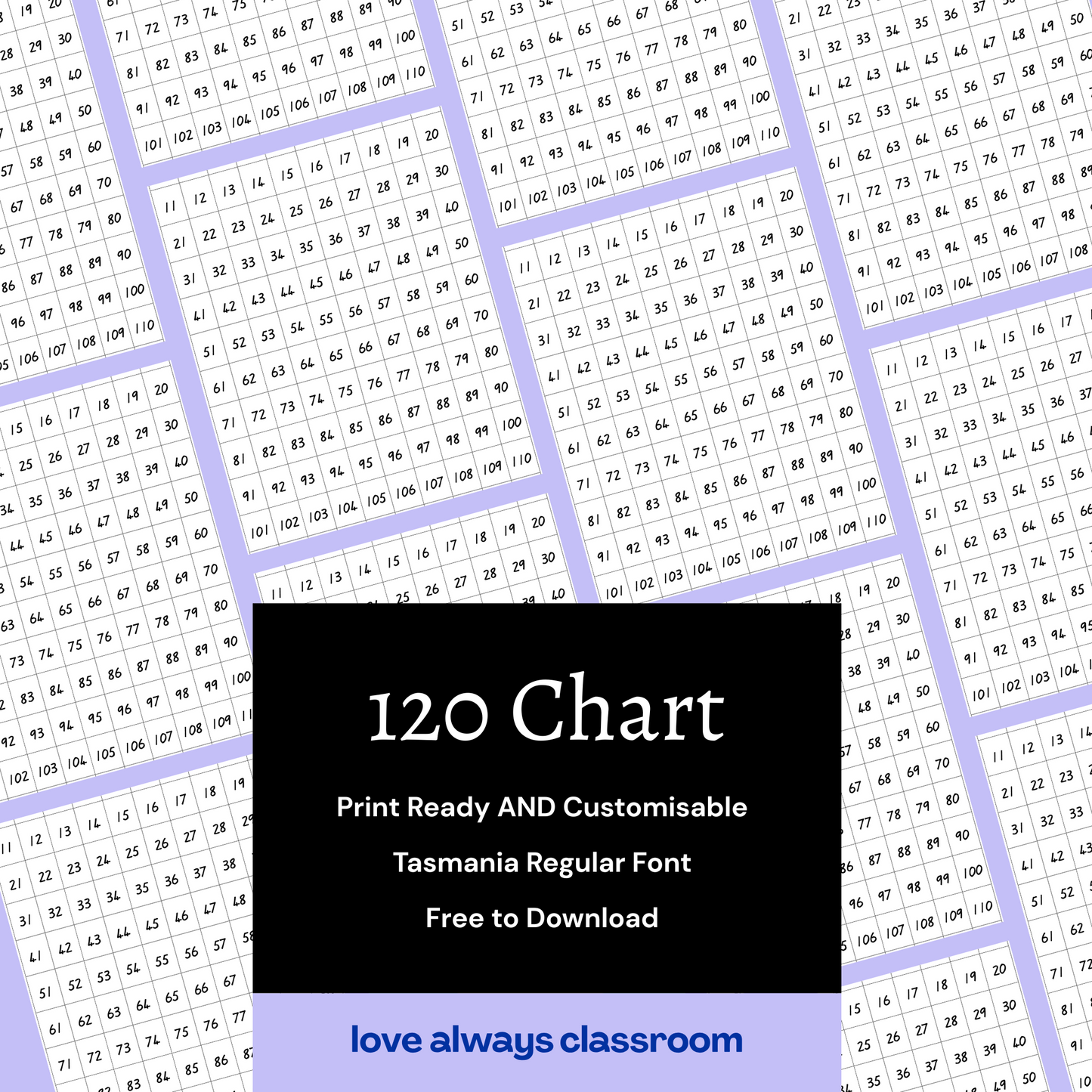 Printable 1 -120 Chart in Tasmanian Regular Font