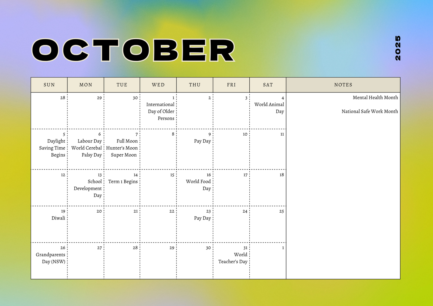 October 2025 Calendar