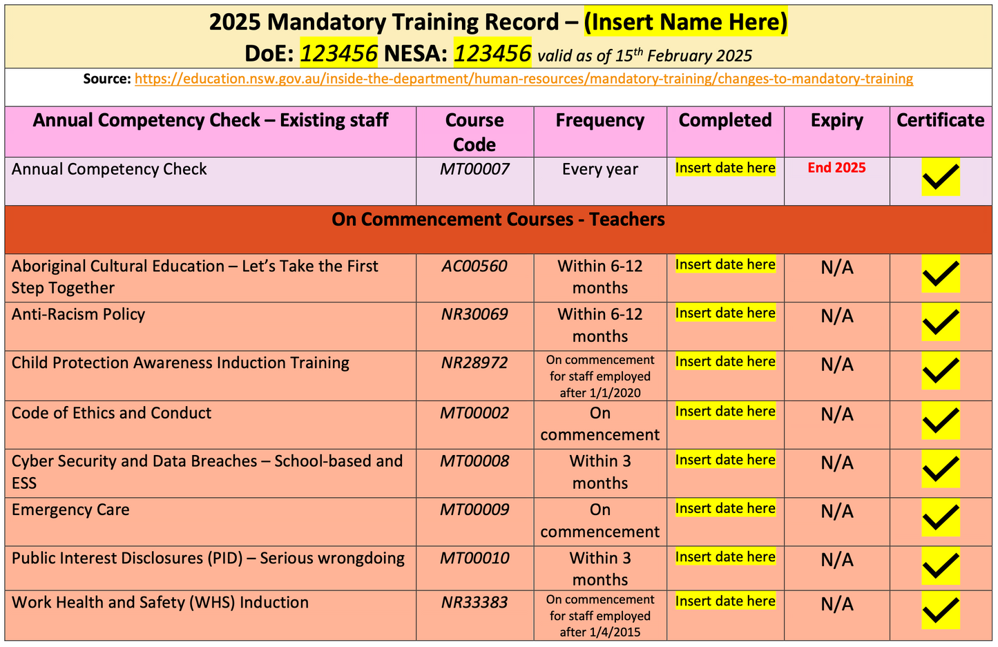2025 NSW Teacher DoE Mandatory Training Checklist